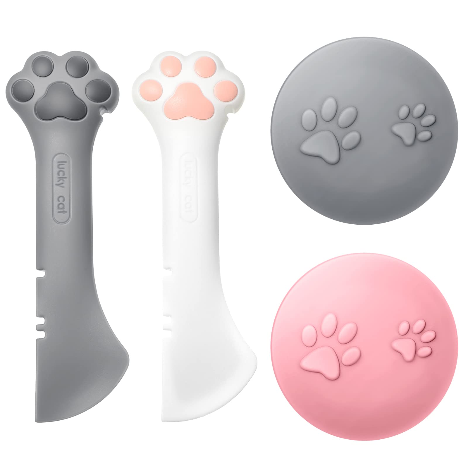 Outus 4 Pcs Pet Food Can Supplies Set 2 Multifunctional Dog Cat Food Spoon 2 Universal Silicone Can Opener Covers Lid Paw Shape 