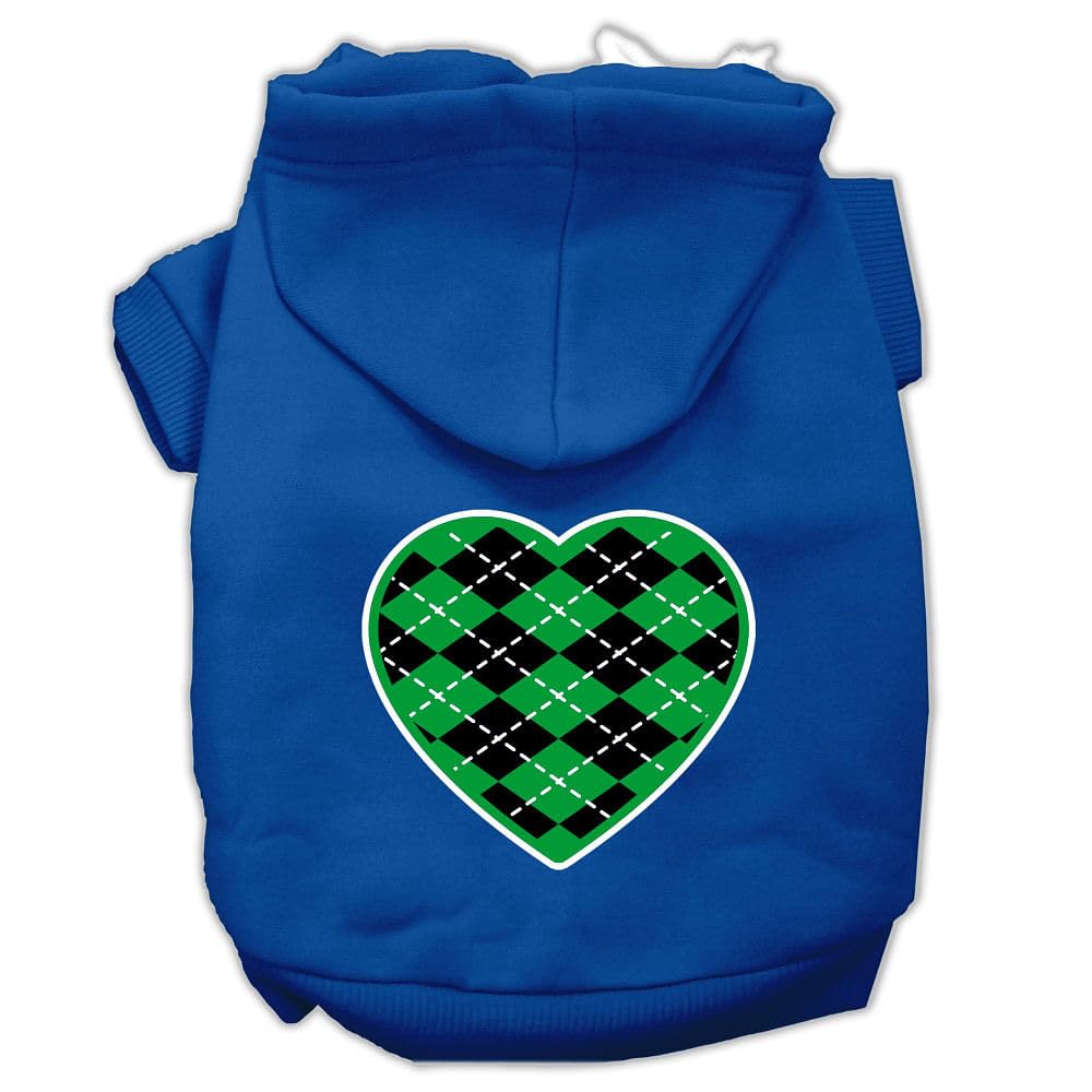 Pet Dog & Cat Hoodie Screen Printed, 'Green Argyle Heart' Blue Xs (0-3 Lbs.)