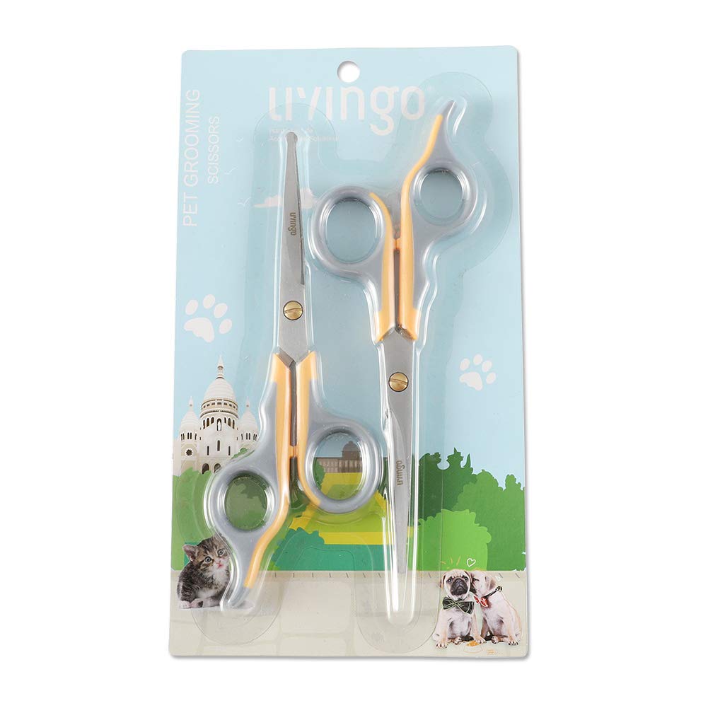 Livingo Professional Pet Grooming Scissors For Cats & Dogs, Titanium Coated Safe Rounded Tip And Micro Serrated Trimming Shears For Animal Face, Nose, Ear And Paw Hair, 2 Pack 6.5 Inch