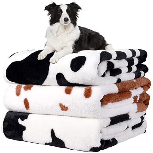 Rezutan Dog Blankets For Largel Dogs,3 Pack Dog Cat Soft Fuzzy Blankets Washable,Comfort Flannel Cow Print,Fuzzy Soft Pet Mat Blankets,Pet Blanket,Reversible Print,42X32 Inch Brown White Cow Print.