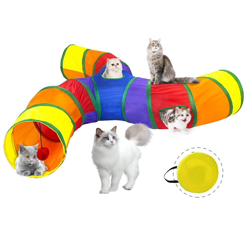 Forbena Pet Cat Play Tunnel Tube Collapsible, 3 Way SShape Excerise Pet Tunnel with Interactive Ball Indoor Outdoor, Pet Dog To