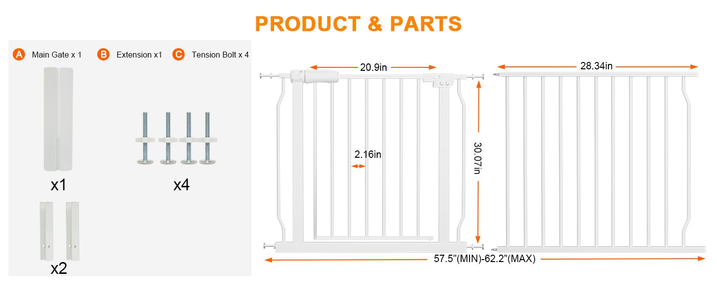 HOOOEN Extra Wide Baby Gate Extra Tall Dog Gate for Stairs Doorways White Metal Tension Child Pet Safety Gates with Pressure Mou