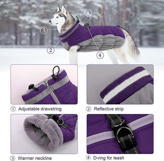 LeLePet Warm Dog Winter Coat, Windproof Reflective Vest, Thick Fleece Lining, Large, Purple