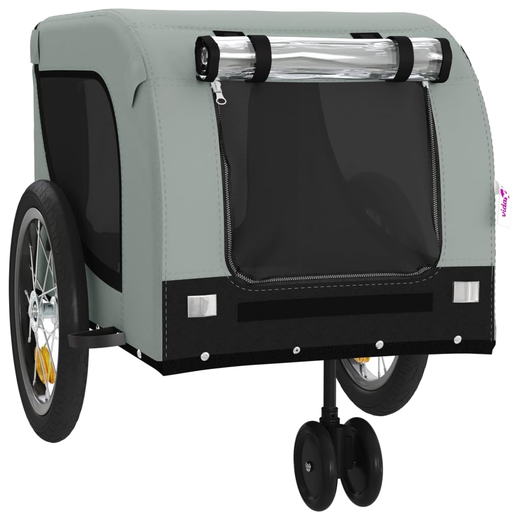 vidaXL Pet Bike Trailer - Grey/Black Oxford Fabric/Iron - 3 Wheels - Zippered Doors - Reflectors & Flag for Safety - 99.2 lb Capacity