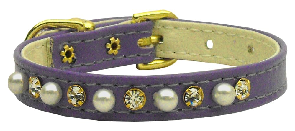 Dog, Puppy and Pet Collar, 3/8&quot; Wide Pearl & Clear Crystals Purple 14