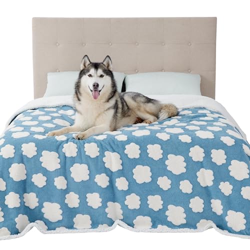 Lesure Waterproof Dog Blanket For Large Dogs - Washable Double Sided Dog Blankets With Warm Jacquard Shag And Soft Sherpa Fleece, Pet Cat Blanket For King Bed Protection, 3D Textured Cloud, Blue