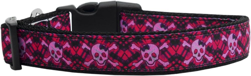 Pet Dog & Cat Nylon Collar or Leash, &quot;Hot Pink Plaid Skulls&quot; Cat Collar