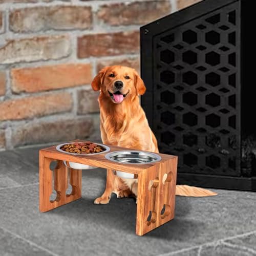 Pure Souls Charlie Pet Feeder, Natural Acacia Wood Feeders Stand, Elevated Dog Bowls 1250 Ml, Food Water Diner, Durable Double B