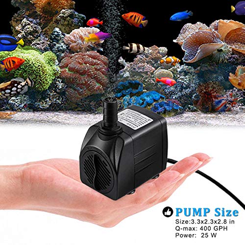 PULACO 400GPH 25W Submersible Water Pump with 5 ft Tubing for Pond, Aquarium, Hydroponics - Durable Black Fountain Pump