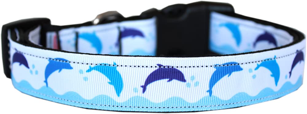 Pet Dog & Cat Nylon Collar or Leash, &quot;Blue Dolphins&quot; MD Narrow Collar