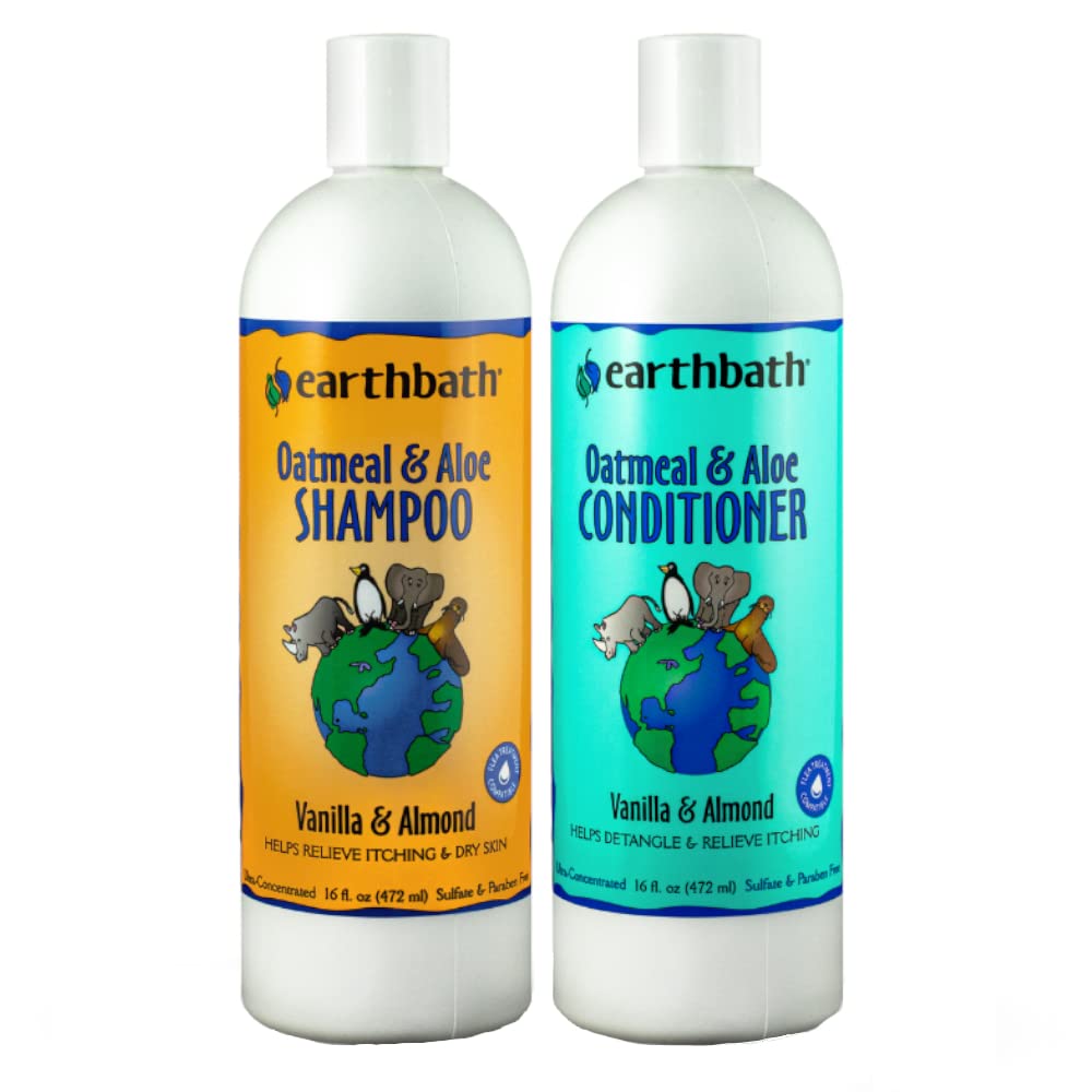 Earthbath Oatmeal & Aloe Dog Shampoo And Conditioner - Oatmeal Shampoo For Dogs, Anti Itch Dry Skin Relief Pet Wash, Medicated Dog Shampoo & Conditioner, Hypoallergenic, Tearless - 16 Oz (1 Set)