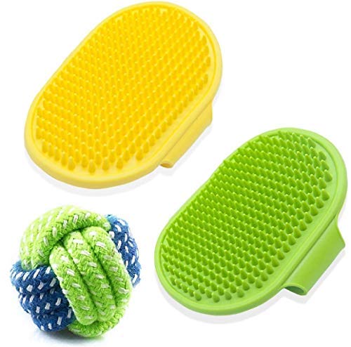 PSK PET MART 2 pet Grooming Bath Brushes, Soothing Massage Rubber Comb, with Adjustable Ring Handle, 1 Toy Ball, let Pets add Mo