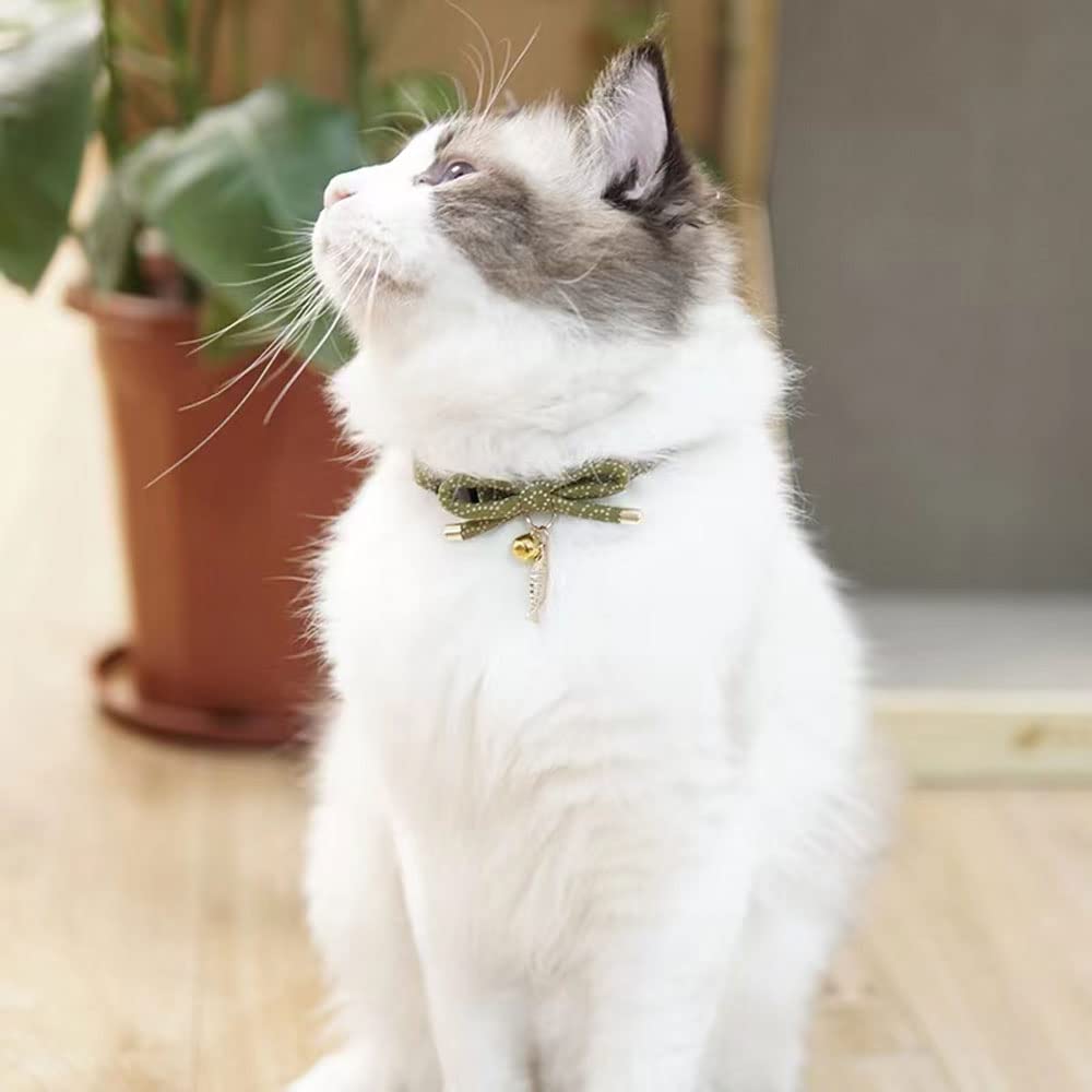 Petsokoo Cute Bowtie Cat Collar With Bell. Japanese Stylish Bowknot & Fish Charm. Safety Breakaway, Soft, Lightweight, For Girl Boy Male Female Cats Kitten,Green