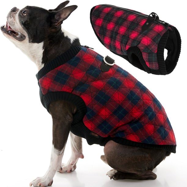 Gooby Fashion Vest Check Dog Jacket - Red Check, X-Large - Warm Zip Up Dog Bomber Vest with Dual D Ring Leash - Winter Water Res