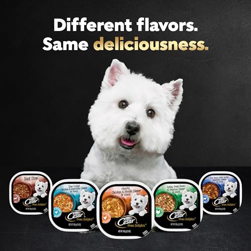 CESAR HOME DELIGHTS Soft Wet Dog Food Slow Cooked Chicken & Vegetables Dinner and Beef Stew Variety Pack, Easy Peel Trays, 3.5 O