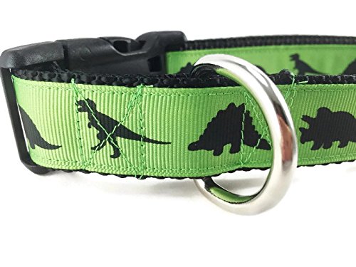 Dinosaur Dog Collar, Caninedesign, Green, T-Rex, Stegosaurus, Triceratops, 1 Inch Wide, Adjustable, Nylon, Medium And Large (Medium 13-19')