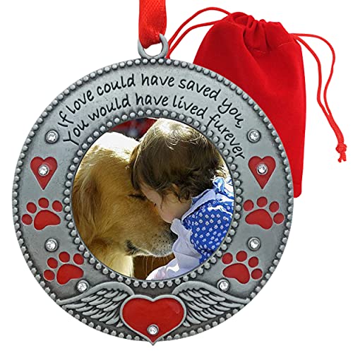 Pet Memorial Photo Ornament - Dog Or Cat - Enameled & Jeweled With Red Hearts, Angel Wings & Paw Prints - Gift/Storage Bag Included - 3' D And Holds A 2' D Photo