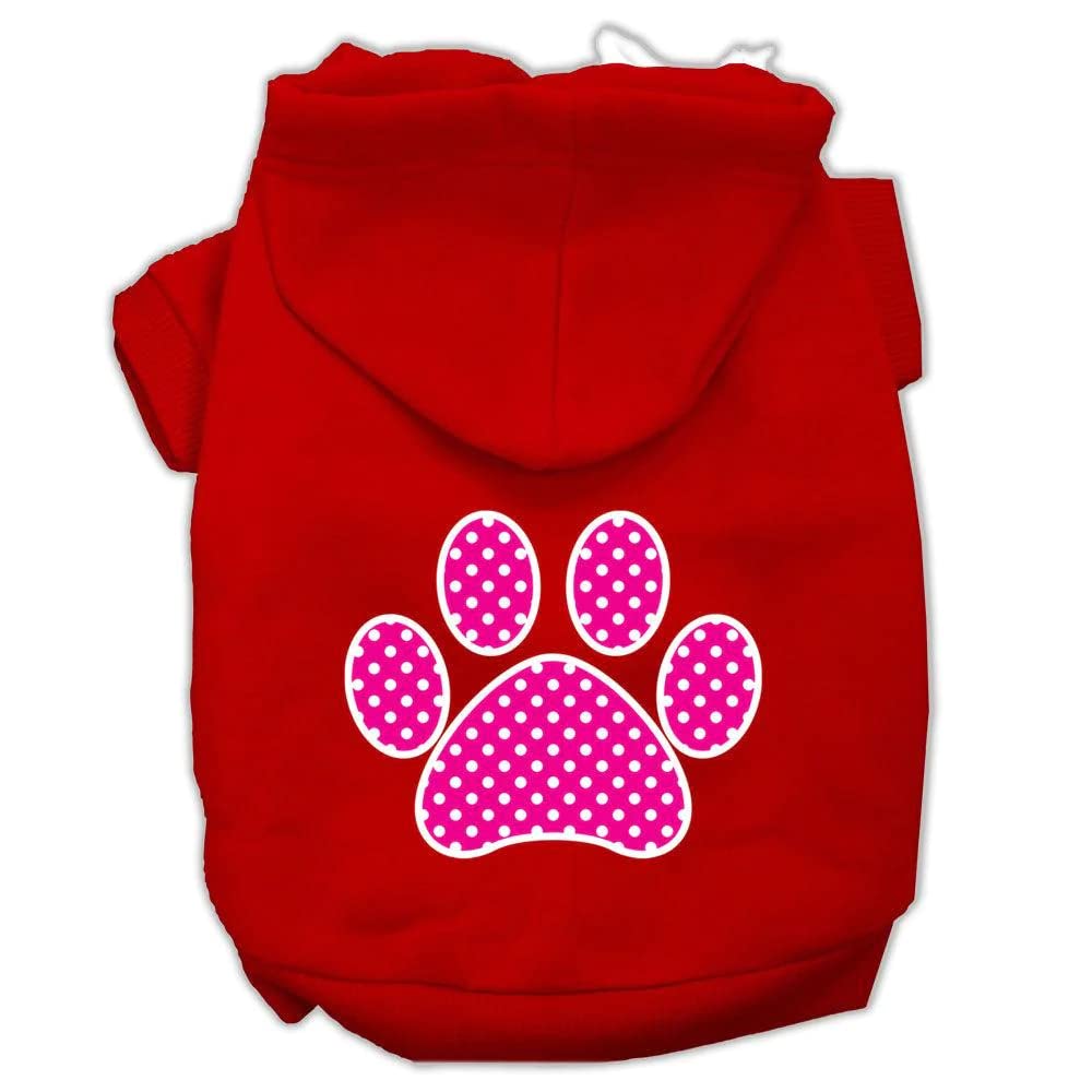 Pet Dog & Cat Hoodie Screen Printed, Pink Swiss Dots Paw Red SM (3-6 lbs.)