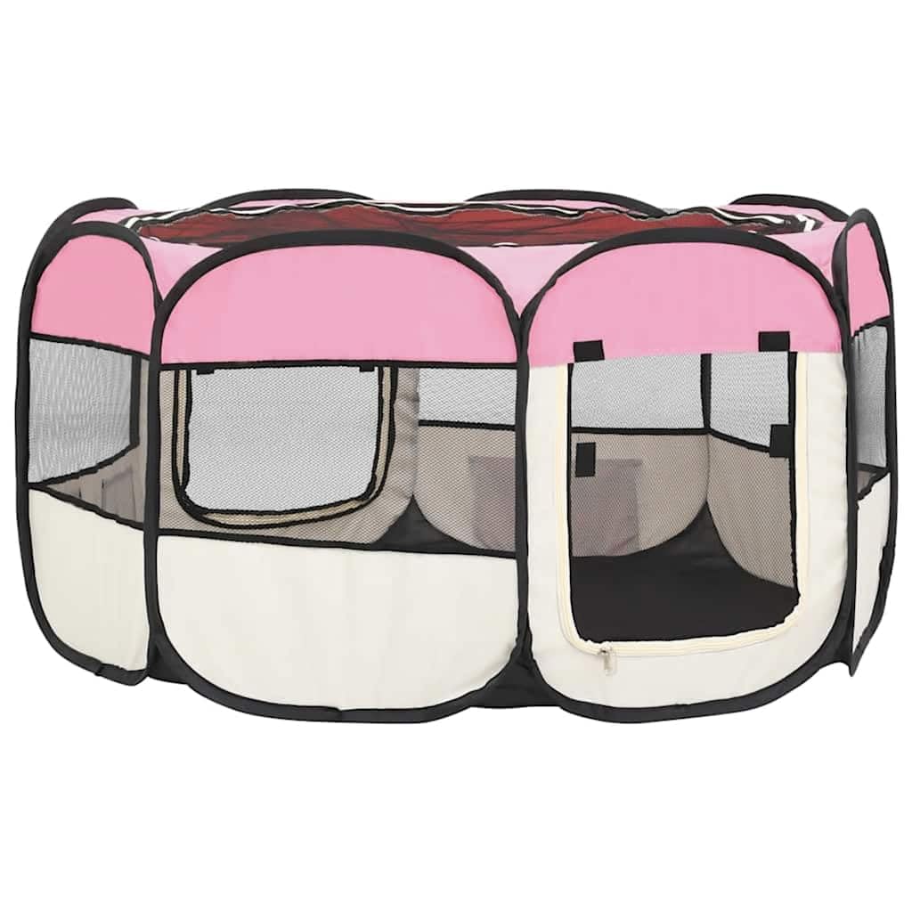 vidaXL Foldable Dog Playpen - Lightweight Pet Play Area with Carrying Bag - 49.2x49.2x24 - Pink and Cream