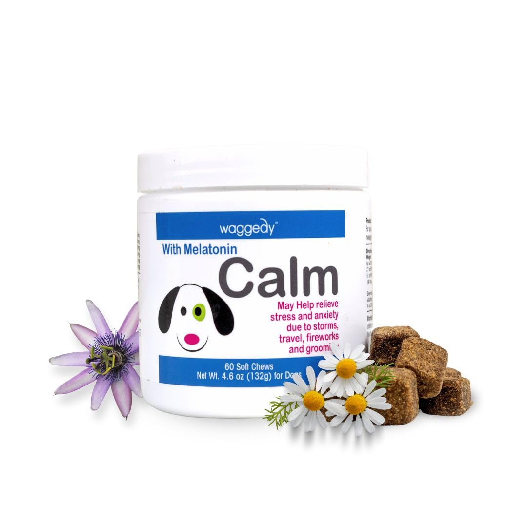Waggedy Calm With Melatonin To Manage Stress & Anxiety Relief, Dog Supplements & Vitamins (60 Pet Calming Chews)