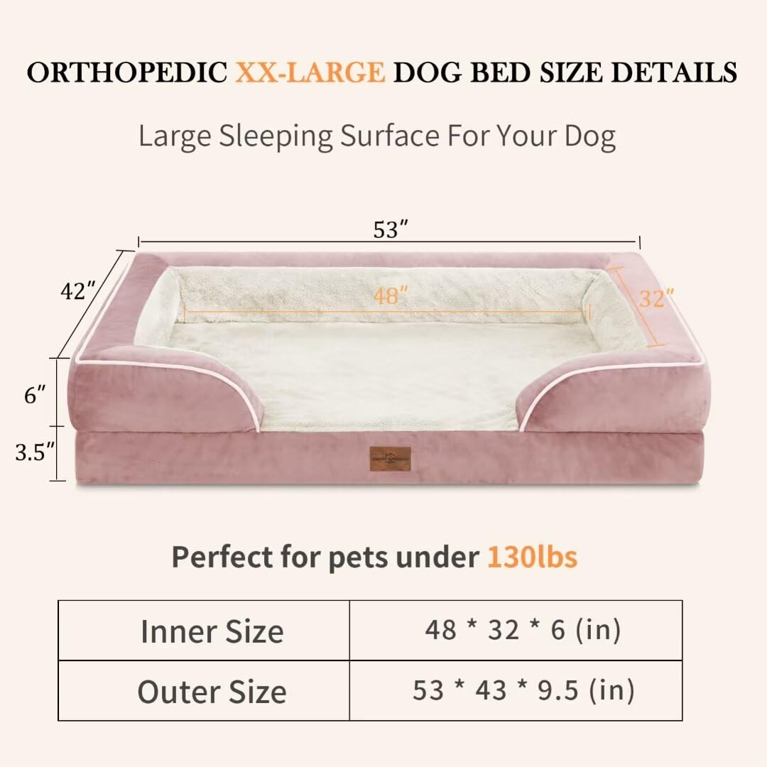 Comfort Expression Xxl Orthopedic Dog Bed, Waterproof Orthopedic Foam Extra Large Dog Beds, Washable Dog Sofa Bed With Removable Cover & Non-Slip Bottom(Xx-Large,Pink)