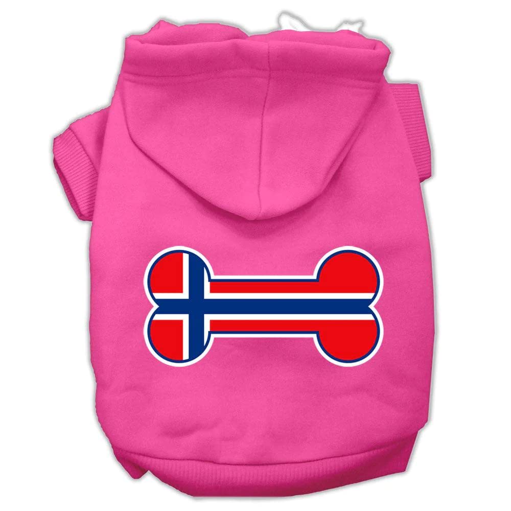 Pet, Dog & Cat Hoodie Screen Printed, 'Bone Shaped Norway Flag' Bright Pink Sm (3-6 Lbs.)