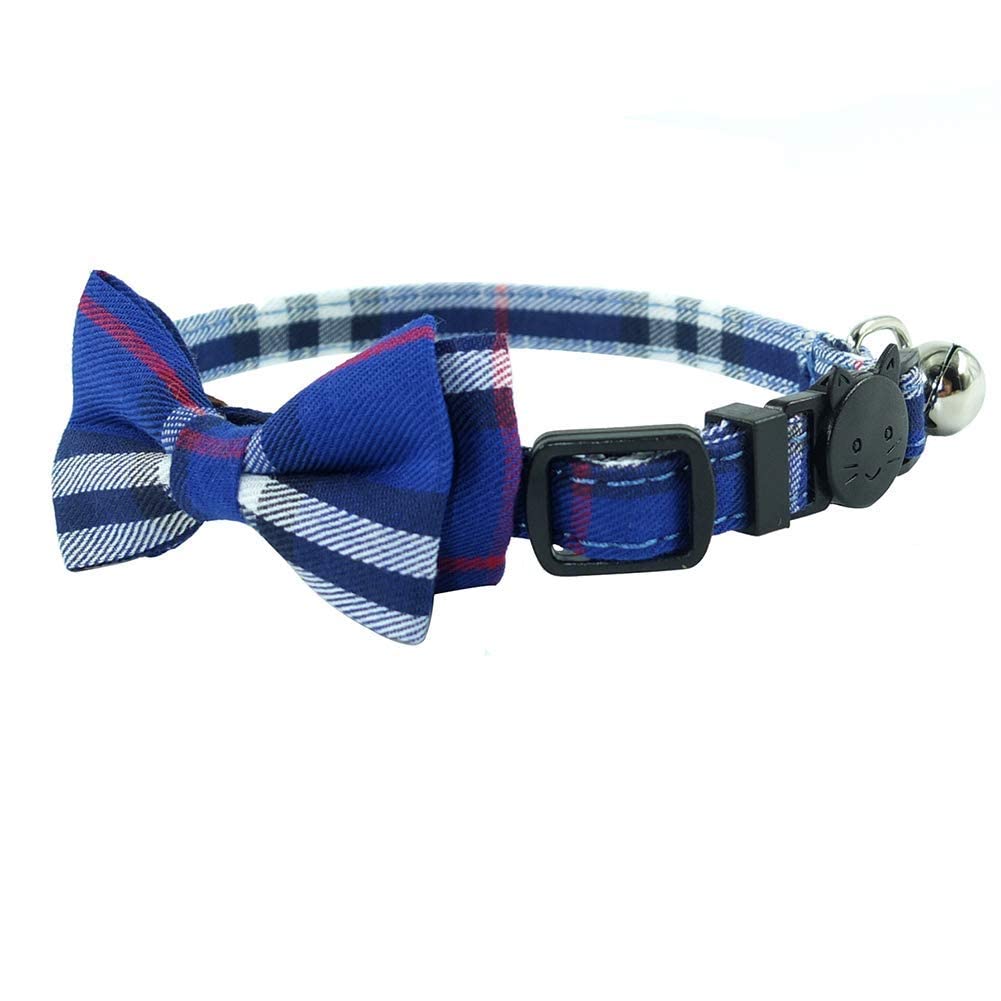 Cat Collar Breakaway With Bell And Bow Tie, Plaid Design Adjustable Safety Kitty Kitten Collars(6.8-10.8In) (Blue Plaid 1)