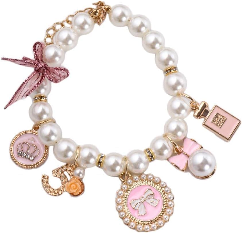 Dog Pearl Collars Princess Bow Necklace Pet Necklace Dogcute Collar Puppy Accessories Cat Jewelry Neck Strap For Dog Cat (L)