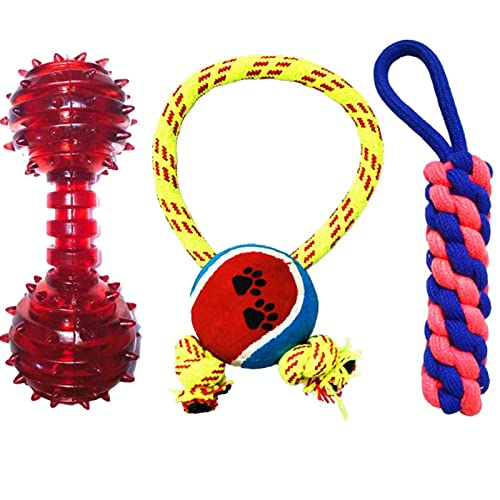 Pet Guard Combo Of 3 Durable Teething Chew Toys For Puppy | Cotton Tennis Ball Ring |Cotton Dummy|Rubber Line Dumbell Toys For D