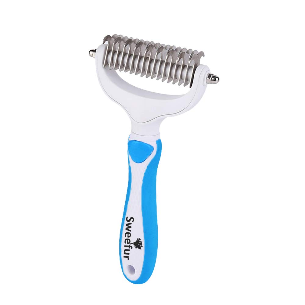 Sweefur Pet Grooming Comb- 2 Sided Undercoat Rake For Dogs & Cats- Professional Teeth Pet Brush For Shedding And Remove Mats & Tangles- Grooming Rake Tool For All Pet Sizes- Blue