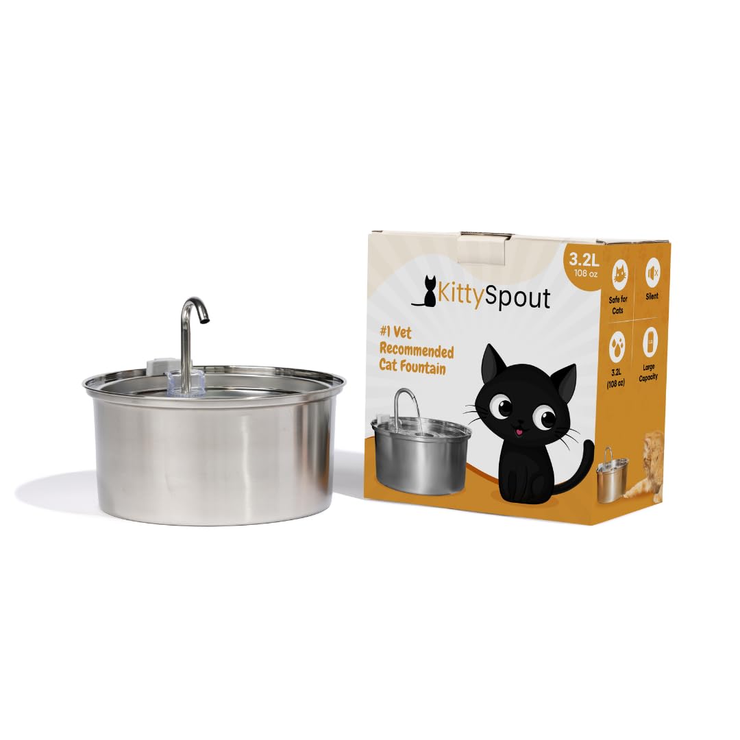 KittySpout Stainless Steel Cat Water Fountain Automatic Drinking Fountain, Quiet Circulating Water Bowl, Dishwasher Safe, Indoor