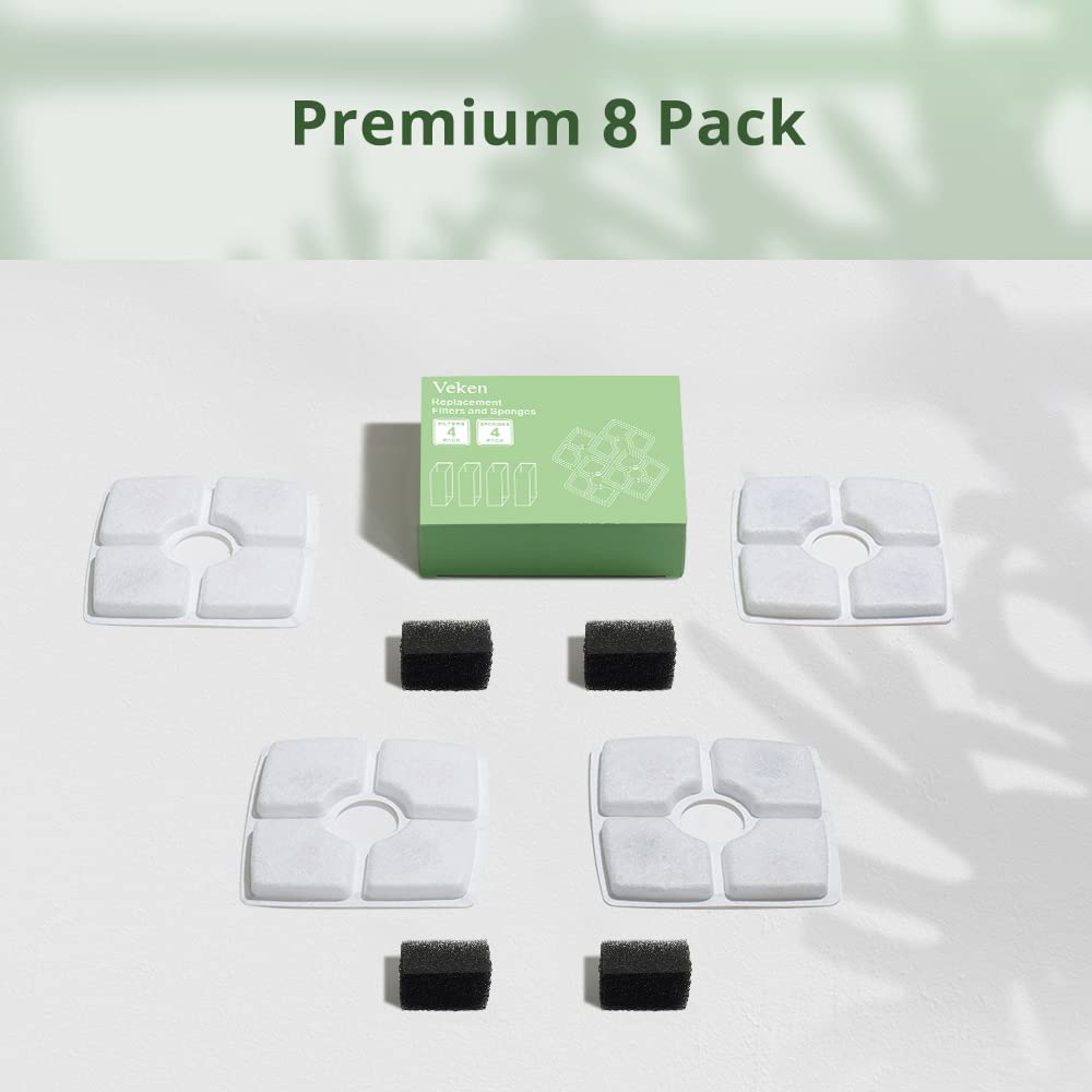 Veken 4 Pack Replacement Filters & 4 Pack Replacement Pre-Filter Sponges For Automatic Pet Fountain Cat Water Fountain Dog Water Dispenser