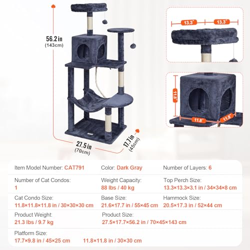 VEVOR Cat Tree 56.2 Cat Tower with Cat Condo Sisal Scratching Post Dark Grey