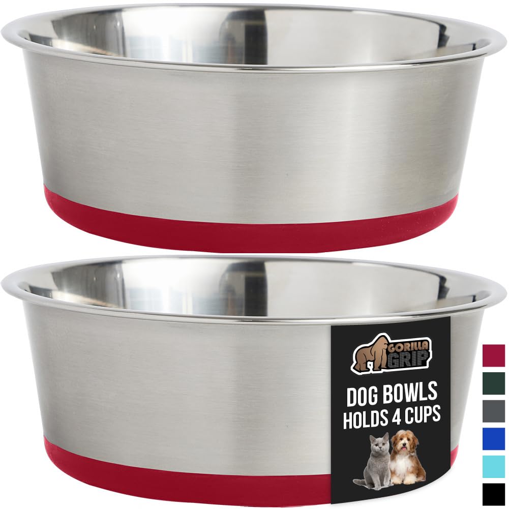 GORILLA GRIP Set of 2 Dog Bowls, Holds 4 Cups (32 fl oz), Heavy Duty Metal Food and Water Bowl for Feeding Dogs and Cats, Dishwa