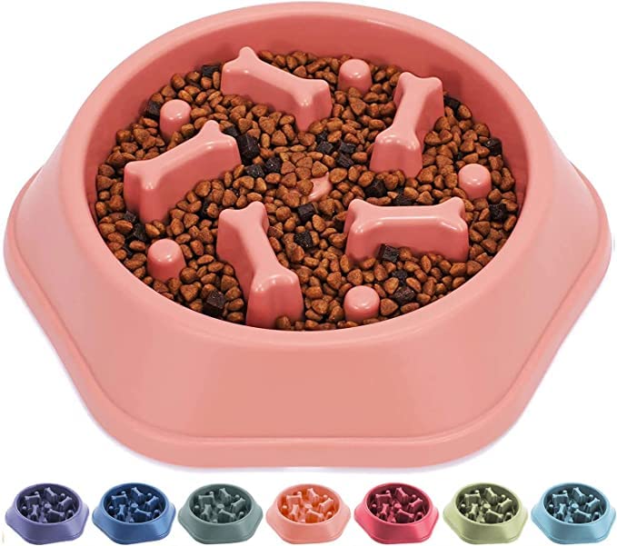 Pups&Pets Slow Feeding Pet Bowl, No Choking Round Feeder Bowl With Bone Pattern Interactive Treat Bowl For Dogs (Pink)