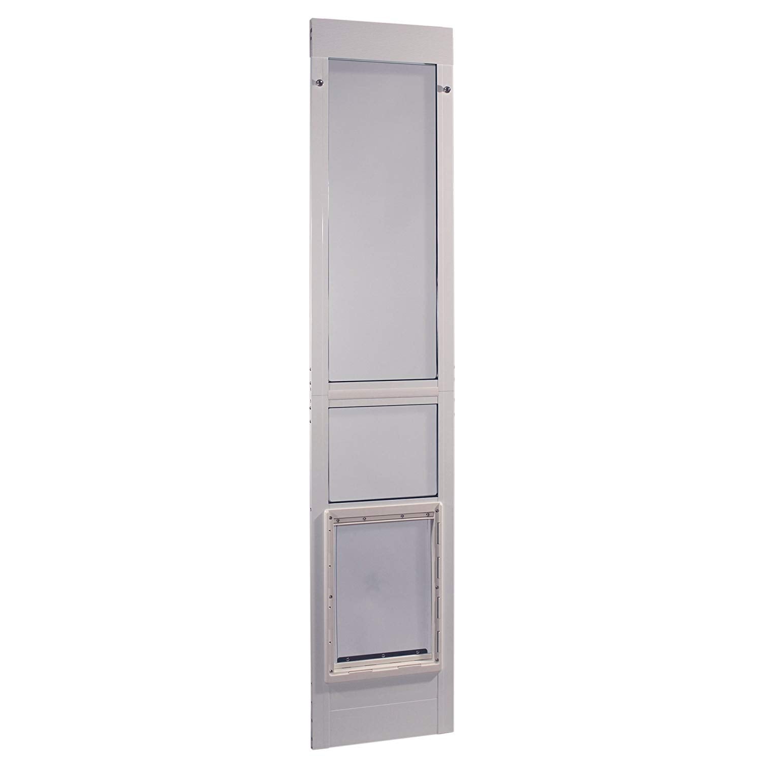 Ideal Pet Products Modular Aluminum Pet Patio Door With Single Pane Glass And Clear Flexible Flap. Fits Up To 1” Aluminum Patio Track Width Only, Extra Large, White