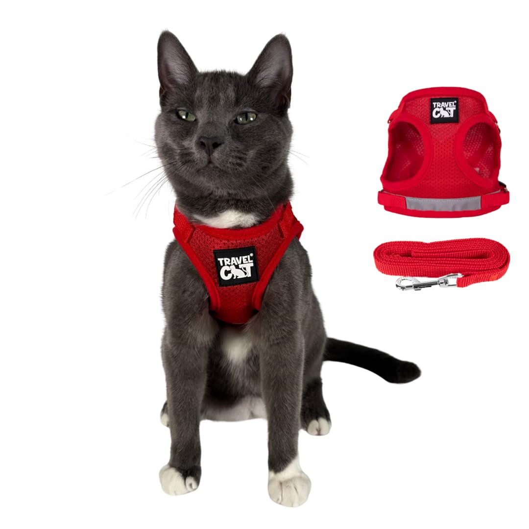 Travel Cat Harness And Leash Set - Adjustable Comfort Fit Mesh Vest Harnesses With Reflective Strap - Snug Fit Harness For Cats, Kitten For Outdoor Walking, Red, Medium (Chest 15-17.3 Inch)