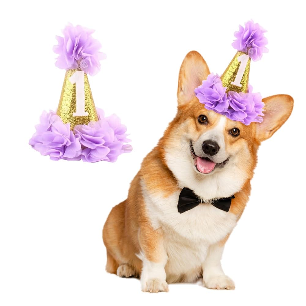 Stock Show 1St Pet Birthday Cone Hat Dogs Cats Holiday Party Hat Headwear Costume With Flowers Accessories And Adjustable Headband For Small Medium Dogs Cats Pets Baby, Purple