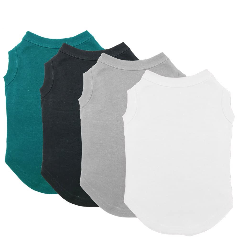 Chol&Vivi Dog Shirts, 4Pcs Soft Cotton T-Shirt Clothes, Blank Hoodie/Sweatshirt, Xs (14' Chest), Black, Grey, White, Dark Green