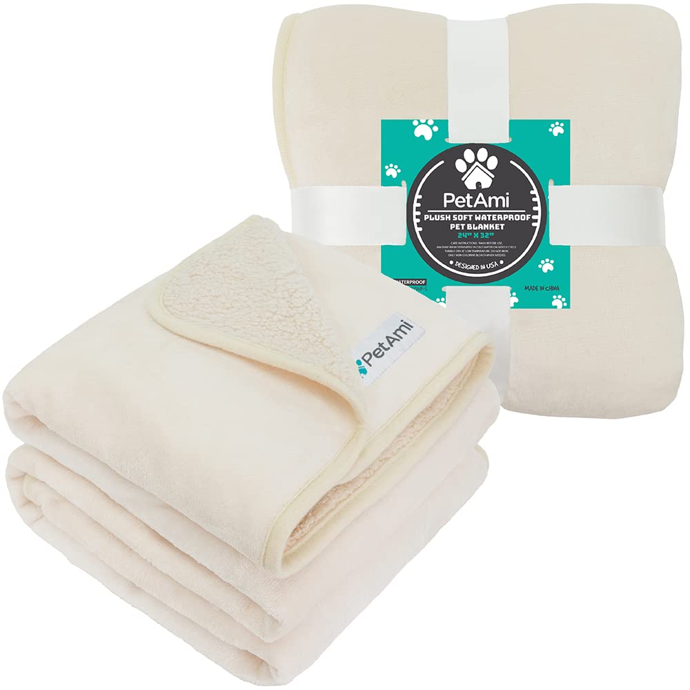 Petami Waterproof Dog Blanket For Small Medium Dogs, Pee Proof Pet Blanket Sherpa Fleece Couch Cover, Reversible Cat Throw Bed Sofa Protector, Soft Plush Washable Pad (Small 24X32, Beige)