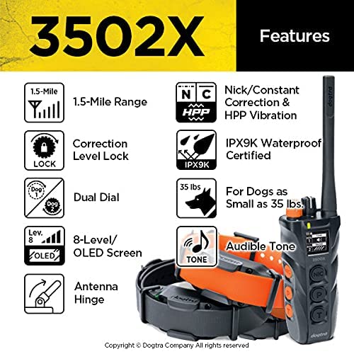 Dogtra 3502X Waterproof Dual DIAL Dog Training E-Collar, 1.5-Mile Range, Black/Orange, Expandable for 2 Dogs, Professional Use