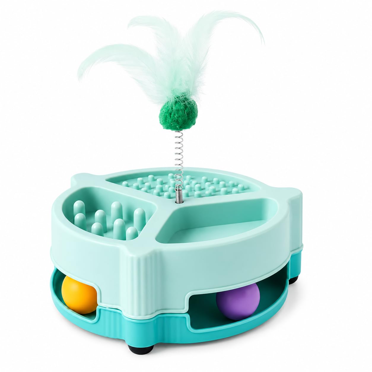 Petvogue Interactive Cat Toy With Spring Feather Teaser, Rolling Ball Track, Treat Puzzle & Slow Feeder,Indoor Kitten Exercise T