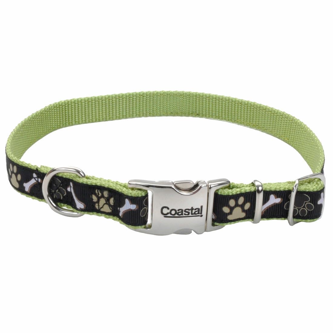 Coastal Pet - Ribbon - Adjustable Dog Collar With Metal Buckle, Brown Paws And Bones, 5/8' X 12'-18'