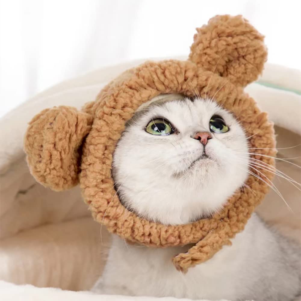 Joicee Cute Cat Costume Warm Bear Hat For Cat Adjustable Soft Small Pet Headwear Bear Hat For Cat Puppy Dog (Brown)
