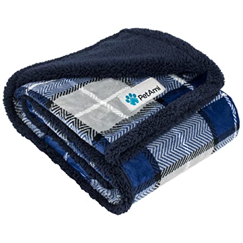 Petami Dog Blanket For Bed, Xl Pet Blanket Large Dogs, Fleece Furniture Couch Cover Protector Sofa Car Crate Kennel, Soft Sherpa Cat Throw Plush Reversible Washable, Twin 60X80 Plaid Navy Blue