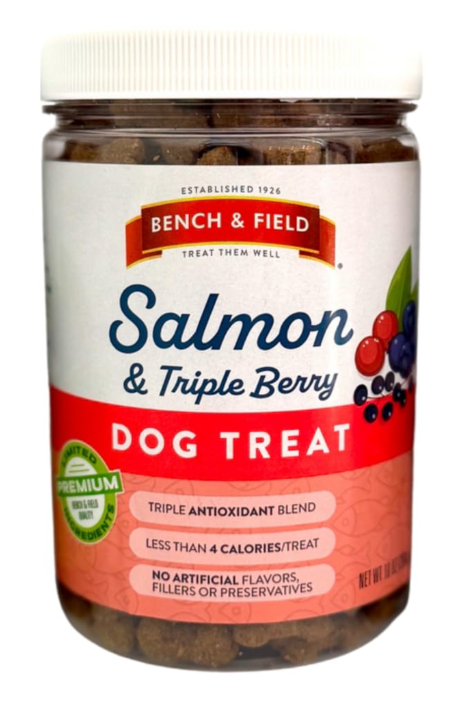 Bench & Field Holistic Natural Salmon & Triple Berry Dog Treats | Crunchy Bone-Shaped Bites | Antioxidant Blend, 10-Ounce Bottle