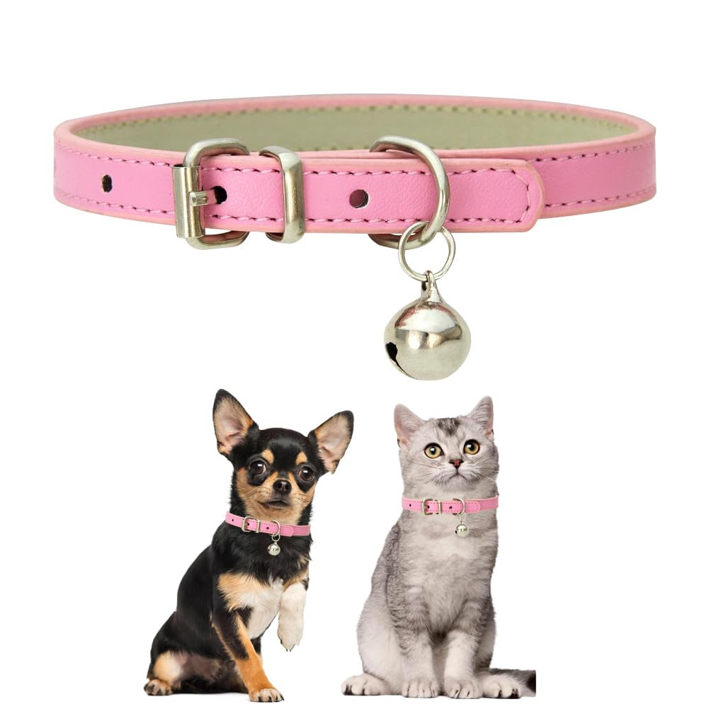 Pink Mefium Dog Collar With Bell,Soft Pu Leather Dog Collar With Bell Adjustable Buckle For Xxs Extra Small Medium Tiny Male Boy