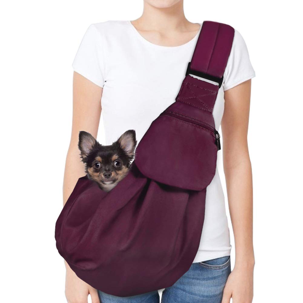 Autowt Dog Padded Papoose Sling, Small Pet Sling Carrier Hands Free Carry Adjustable Shoulder Strap Reversible Tote Bag With A Pocket Safety Belt Dog Cat Traveling Subway (5-12Lbs, Burgundy)