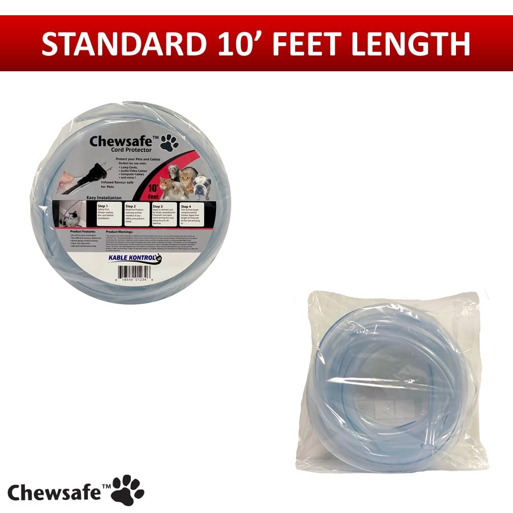 Chewsafe Cord Cover - Pet Chewing Deterrent - 10 Feet Long - Clear - 3/8 - 1/2 Wide | Discourages & Protects Pets That Chew Hazardous Wires