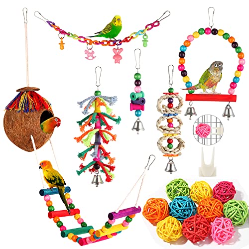 Bird Toys 17 Pcs Bird Parakeet Swing Chewing Hanging Toys Climbing Ladder Coconut Bird Cage Toys Suitable For Cockatiels,Conures,Finches,Budgie,Love Birds